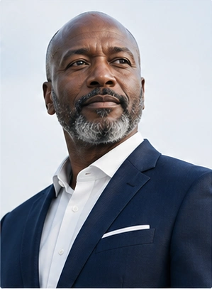 Executive with a gray beard in a navy suit