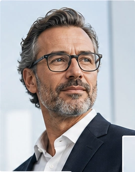 Executive wearing glasses and a navy jacket