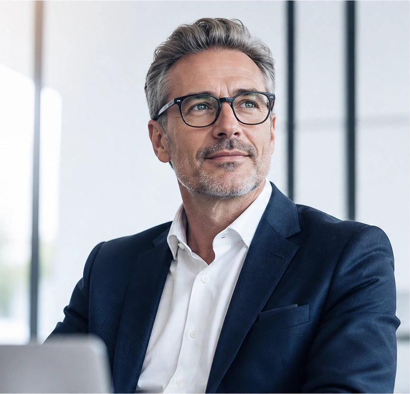 Executive wearing glasses and a navy suit in an office