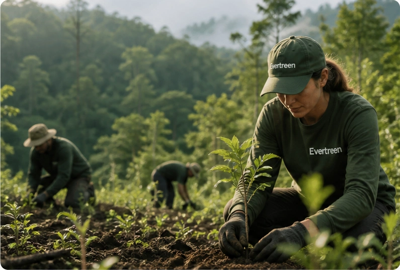 Evertreen team members planting young trees in a forest.