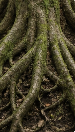 Strong tree roots growing into the forest floor